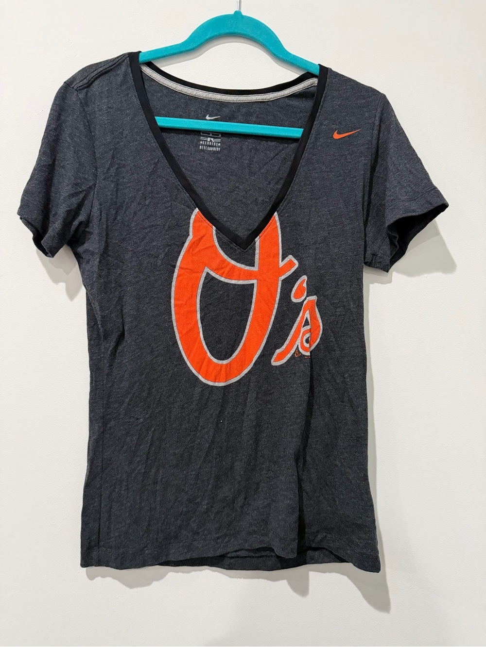 Nike Women's Charcoal V-Neck Tee with Orange Orioles Logo